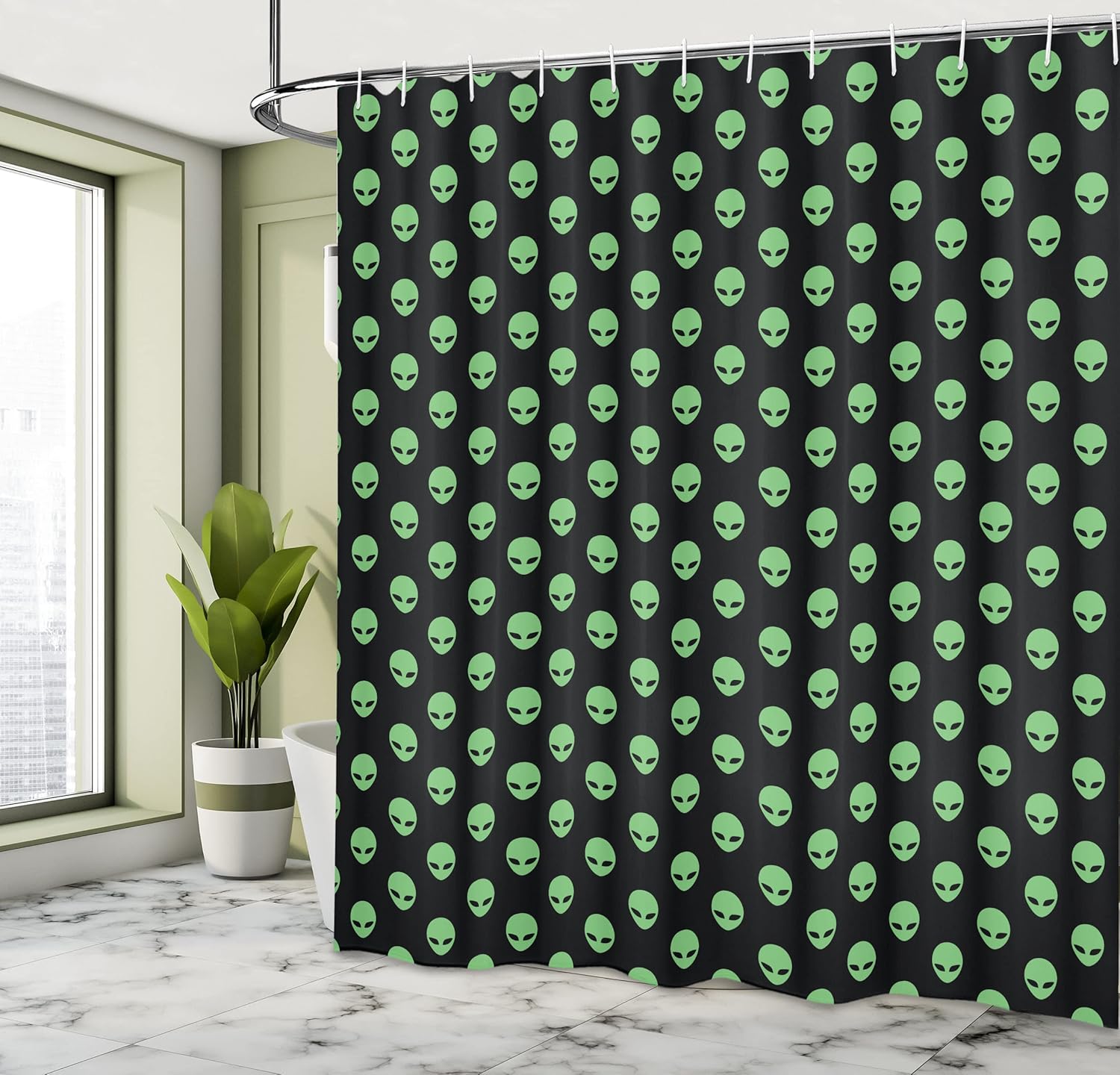 Ambesonne Alien Shower Curtain, Supernatural Martiansal Beings from Other Planets Head of an Alien, Cloth Fabric Bathroom Decor Set with Hooks, 69" W x 70" L, Fern Green Black