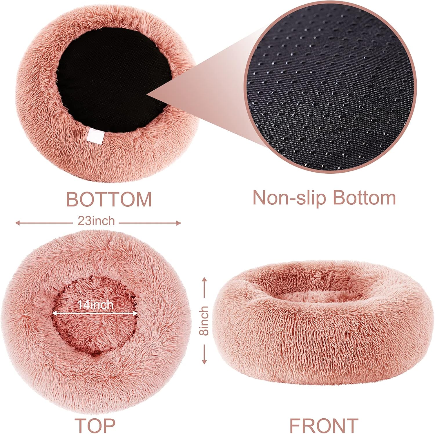 EASELAND Pet Dog Bed for Small Dogs Cats Donut, Comfortable Round Plush Dog Beds Calming Fluffy Faux Fur Cat Dog Cushion Bed, Machine Washable, Anti-Skid (23" x 23", Pink)
