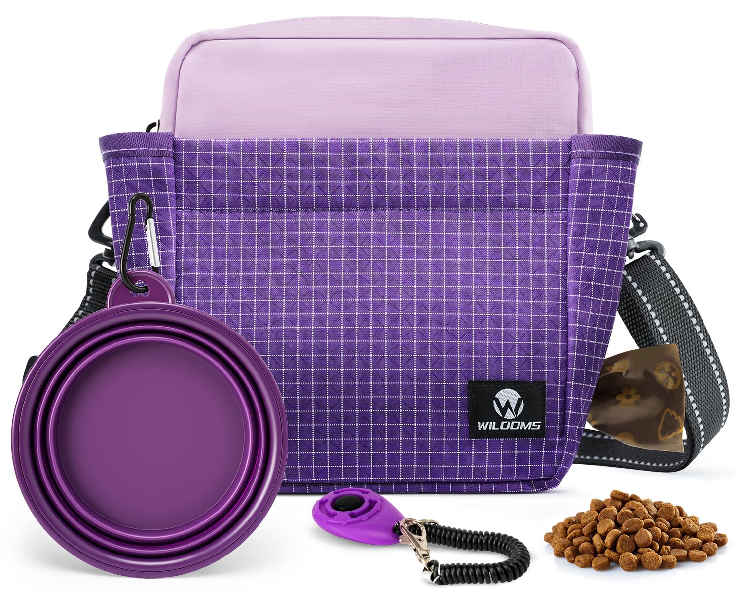 WILDOMS Dog Treat Pouch – Large Capacity with Magnetic Closure, Dog Walking Fanny Pack Built-in Poop Bag Dispenser, Clicker & Collapsible Bowl for Training & Walking - Purple