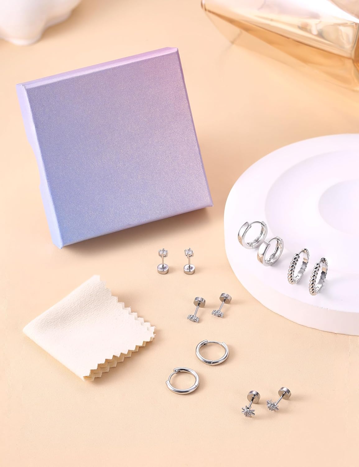 Florideco Small Hoop Earrings 14K Gold Plated Hypoallergenic Flat Back Earrings Surgical Stainless Steel Cartilage Earring Sets for Multiple Piercing Trendy Earring Stacks Flatback Stud Earrings - Image 3