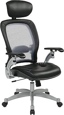 Space Seating 36 Series Light Air Grid Back Manager's Adjustable Office Chair with Leather Seat and Headrest, 2-to-1 Synchro Tilt Control, and Lumbar Support, Black