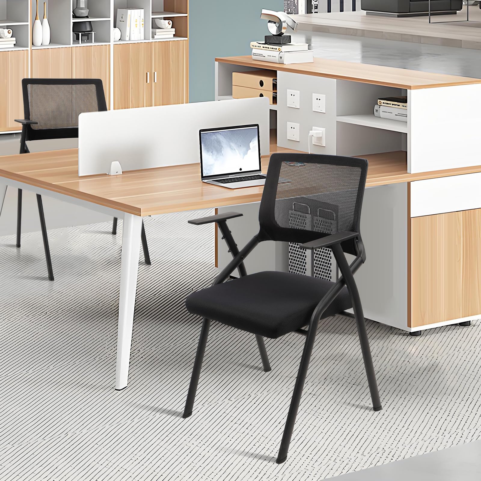 CLATINA Stapelbare und faltbare Bürostühle mit ergonomischer Lendenwirbelstütze und verdicktem Sitzkissen, klappbarer Netzstoff, Empfangsgaststuhl für Schule, Kirche, Konferenzen, Wartezimmer, Schwarz