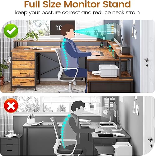 Miniatura 7 de SEDETA Escritorio en forma de L con 6 cajones, escritorio de oficina en casa de 108 pulgadas con cajón de archivos y toma de corriente, escritorio