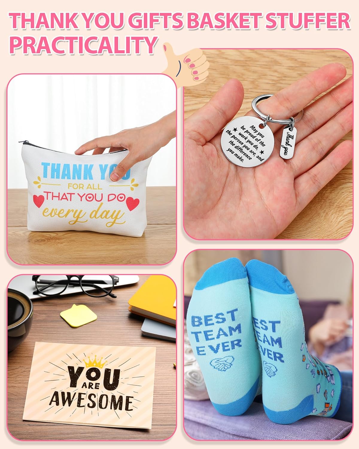 Set of 48 Best Team Gifts for Women Bulk Novelty Appreciation Favors Inspirational Keychians Cards Socks Cosmetic Bags for Employee Social Wokers Volunteers Thank You Gift Basket Stuffer - Image 6