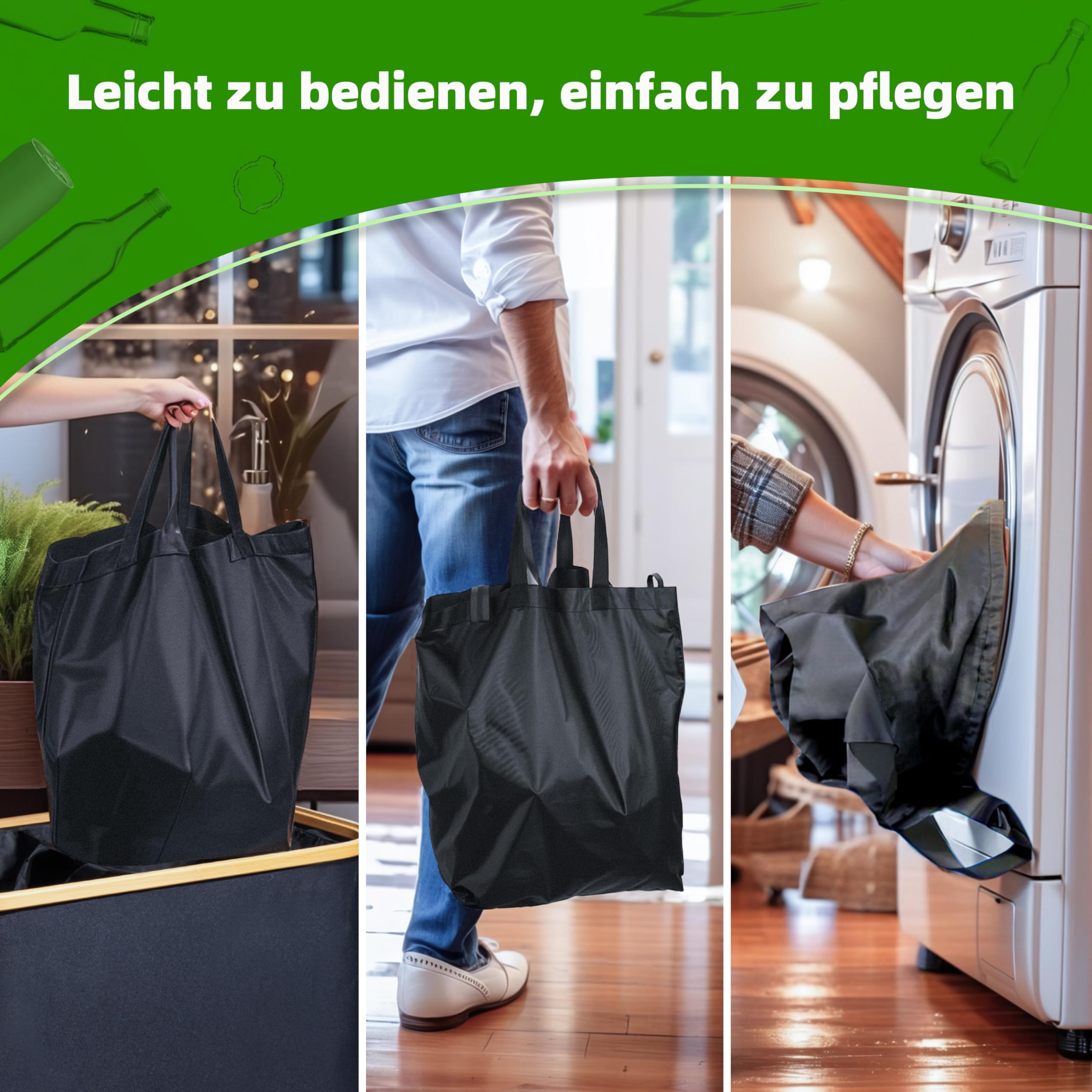 SYLANDO 140L Pfandflaschen Sammelbehälter mit Deckel & XXL Tragetaschen, Flaschensammler für Leergut & Altglas, 2 Fächer Organizer mit Lochdesign, Recycling Behälter für Küche & Abstellraum (Beige)