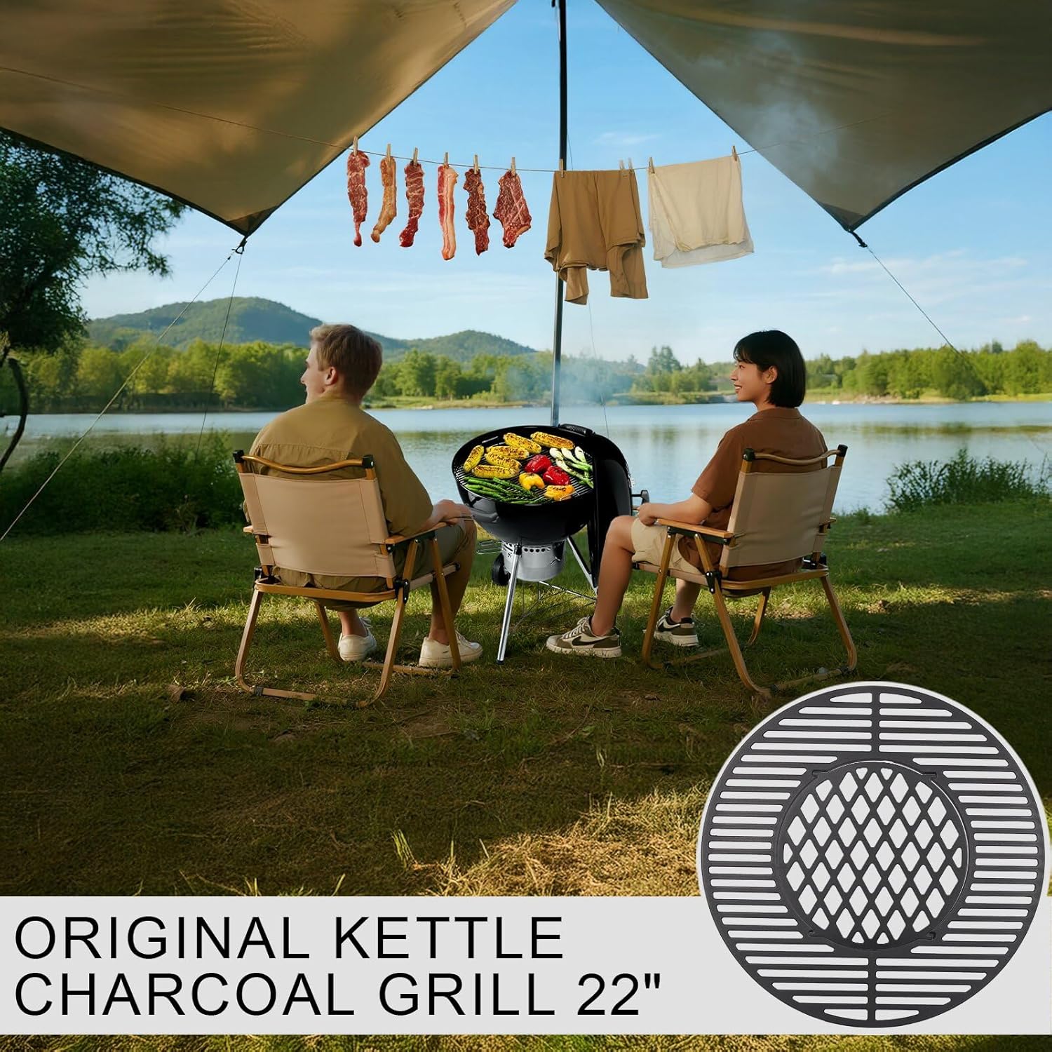 8835 Cast Iron 21.5" Grill Grates for Weber Original Kettle Premium 22-inch Charcoal Grill, Replacement Parts for Weber 22" Performer Premium Grill