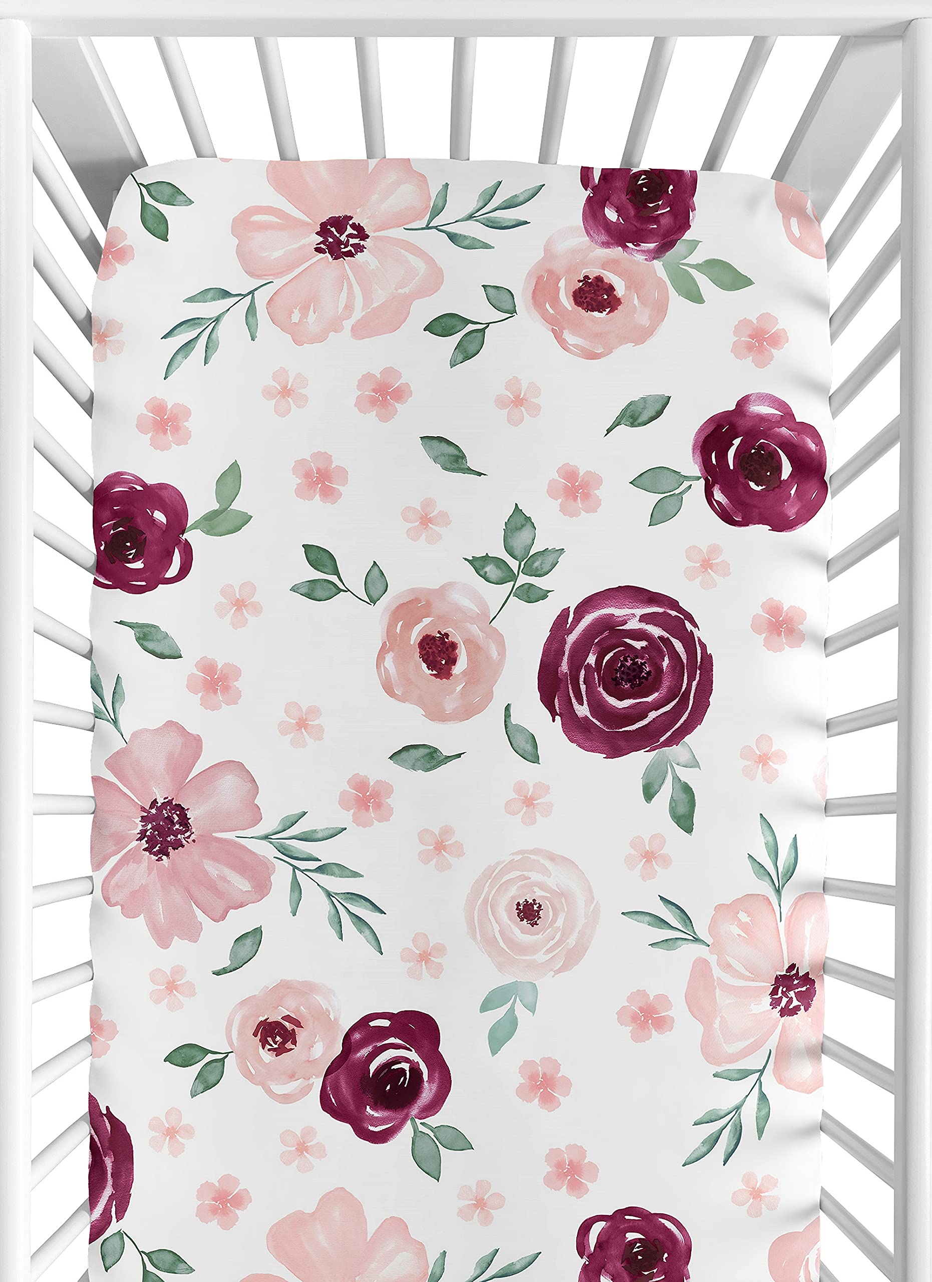 Watercolor Floral Burgundy Wine and Pink Fitted Crib Sheet Sweet Jojo Designs