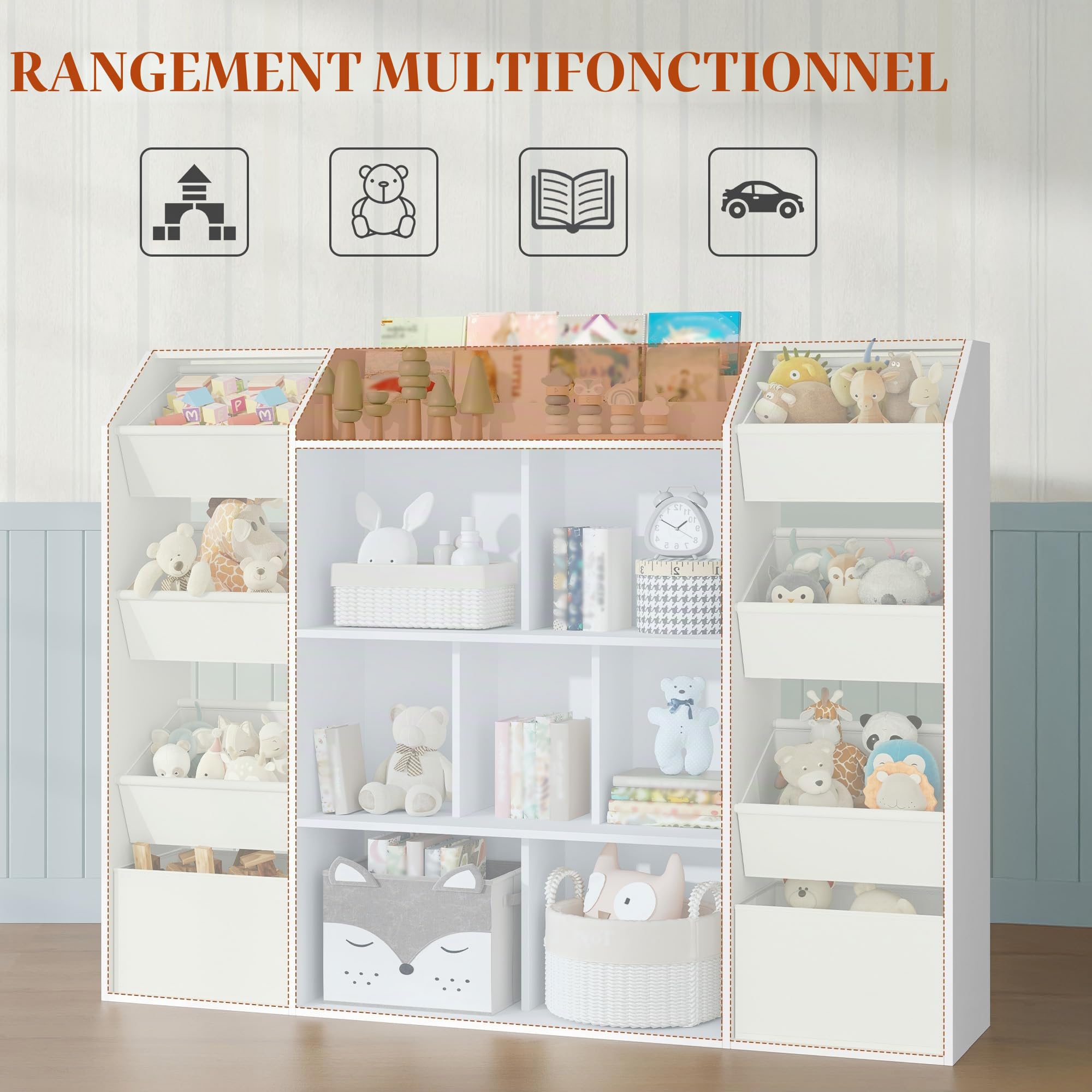 HEXCELEN Meuble Rangement Enfant, Bibliothèque Enfant, Étagère à Jouets 8 Boîtes en Non-tissé, pour Chambre d'enfant, Salons, Bureau, 30 x 130 x 100 cm, Blanc