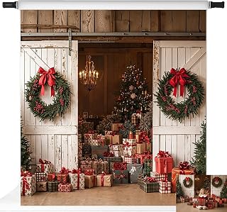 Kate Christmas White Barn Doors Wreaths Trees Gifts Backdrop Photo Background Studio Props,10x10ft