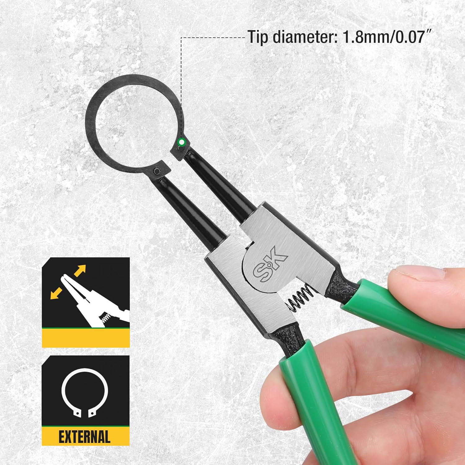 SK 7-Inch Snap Ring Pliers, External Circlip Pliers with 90-Degree Bent Jaw, Tip Diameter 0.07'', Premium CR-V Steel