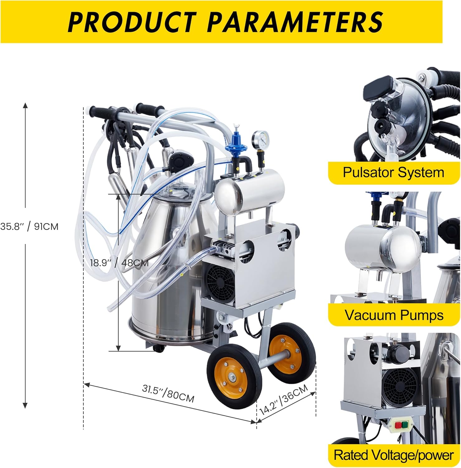 Cow Milking Machine Portable, 55KPA 15000 RPM Milking Equipment with 25 L/6.6 gal Stainless Steel Bucket, Electric Milker Machine 5-8 Cows Per Hour with Silicone Cups and Tubes for Cows and Goats image 2 of 8 B0FPLYG7ZH