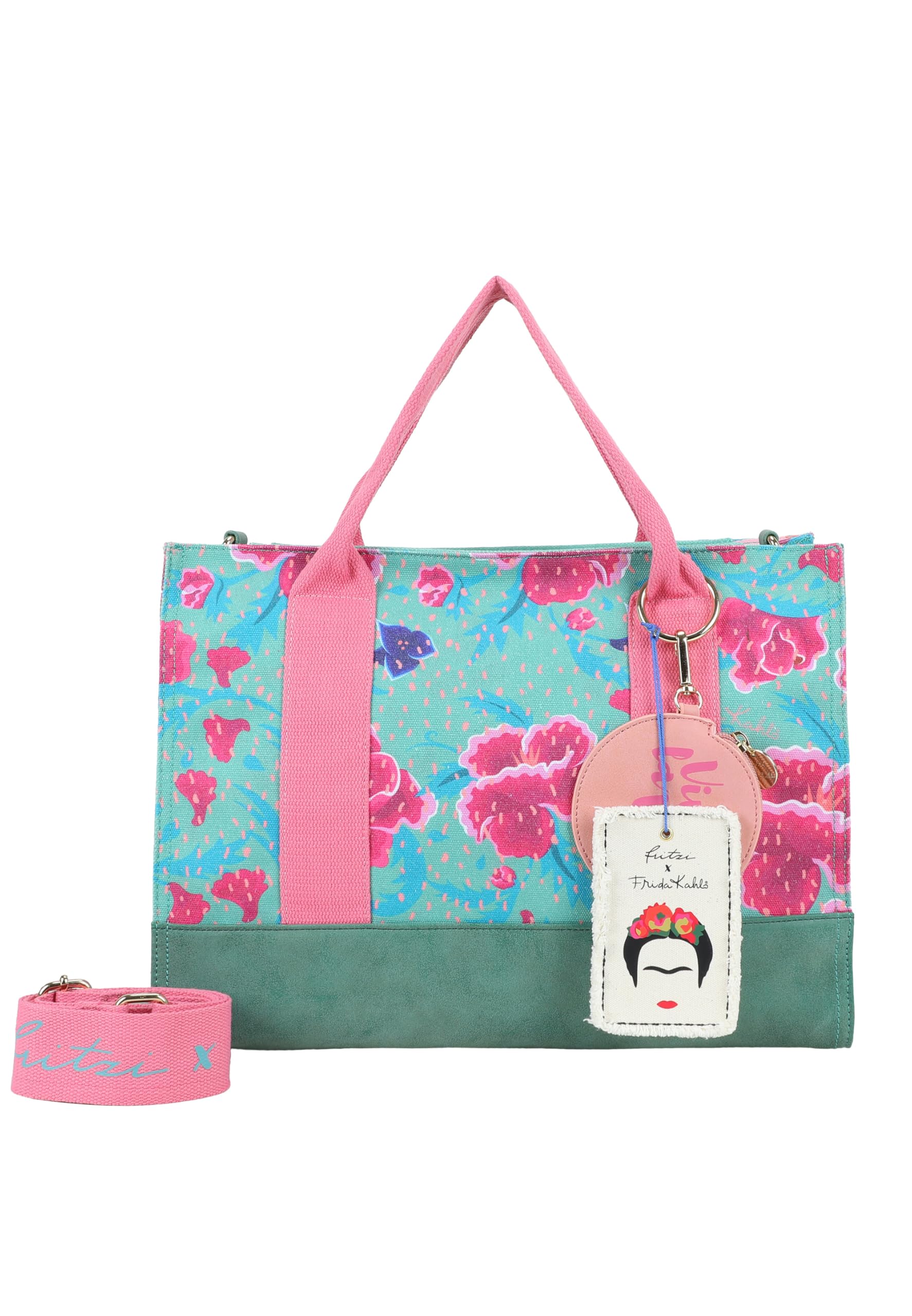 Fritzi x Frida Kahlo Tote Bag Limited Canvas Shopper Damen Schultertasche Handtasche Freizeit Alltag Arbeit Festival Reißverschluss Canvas 29.5 x 40 x 14 cm – Pink, Rosa, Türkis, Beige, Lila, Grün