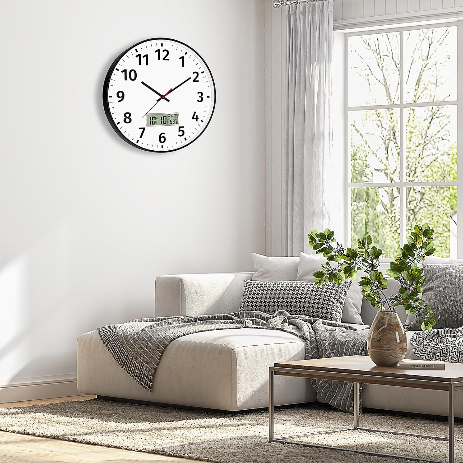 Foxtop 14 Inch Digital Wall Clock with Time, Day of Week and Temperature, Silent Non-Ticking Battery Operated Round Digital and Analog Black Wall Clock for Office Classroom Bedroom Home School