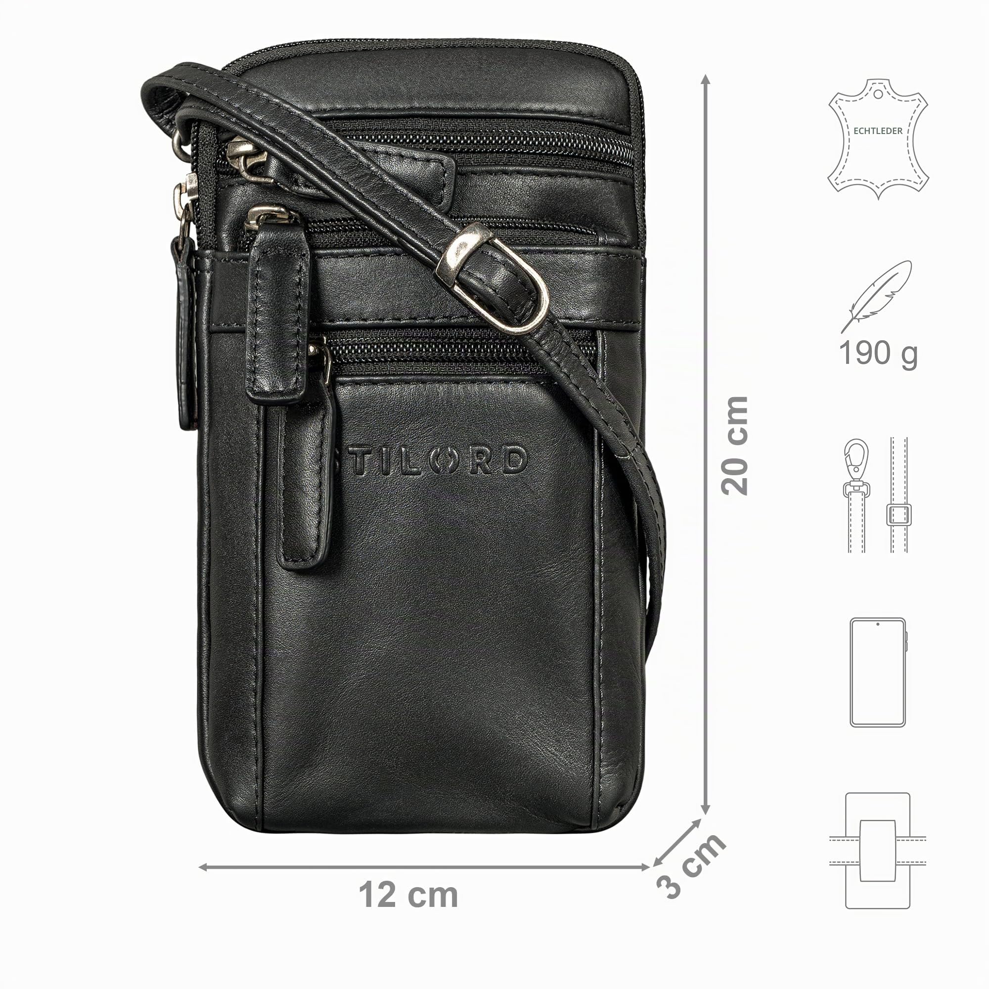 STILORD 'Mikael' 3-in-1 Brusttasche Herren Leder Umhängetasche Gürteltasche Handytasche zum Umhängen - Stilvoller Brust-Beutel Klein Schultertasche Männer aus Echtleder, Farbe:schwarz