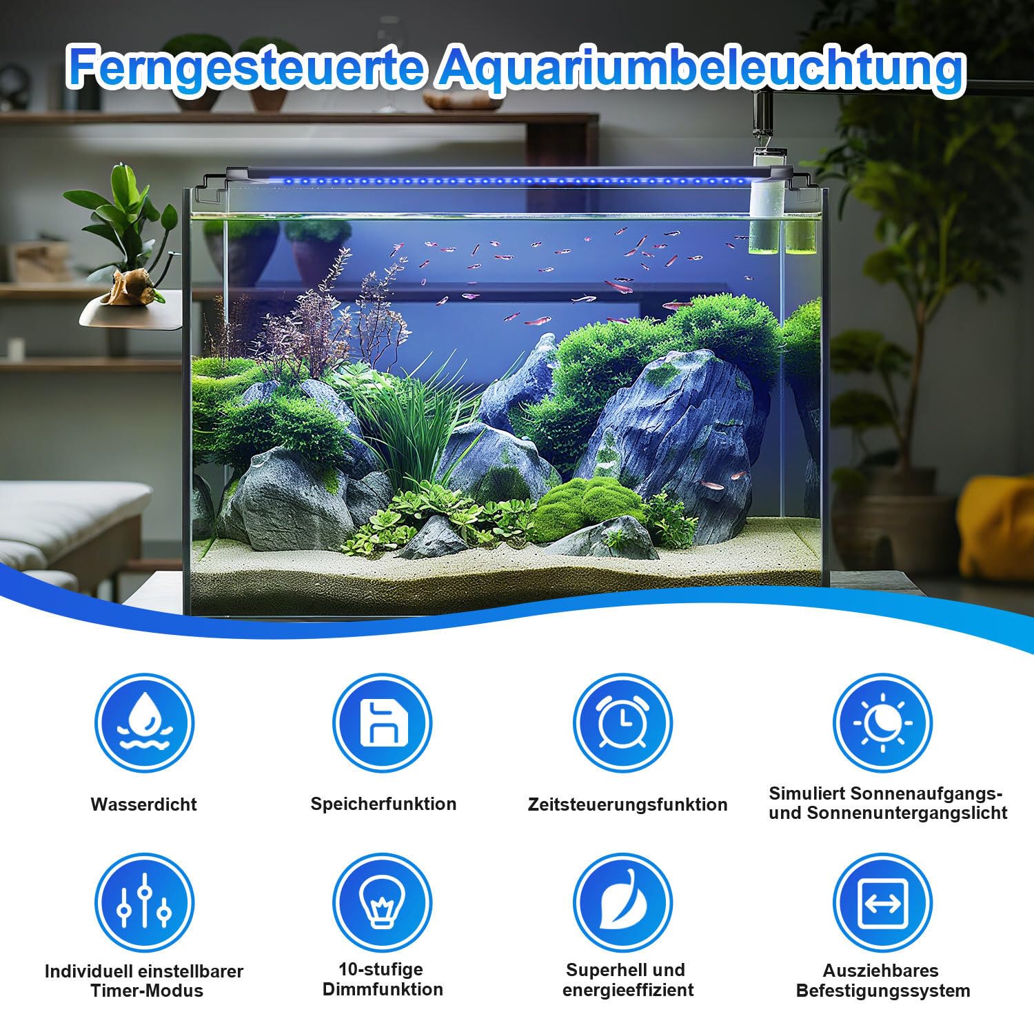 Iluminación LED para acuarios, 10 niveles de brillo, 30 W, modo de iluminación 24/7, tira de luz de acuario con interruptor temporizador automático, adecuado para acuarios de agua dulce de 90