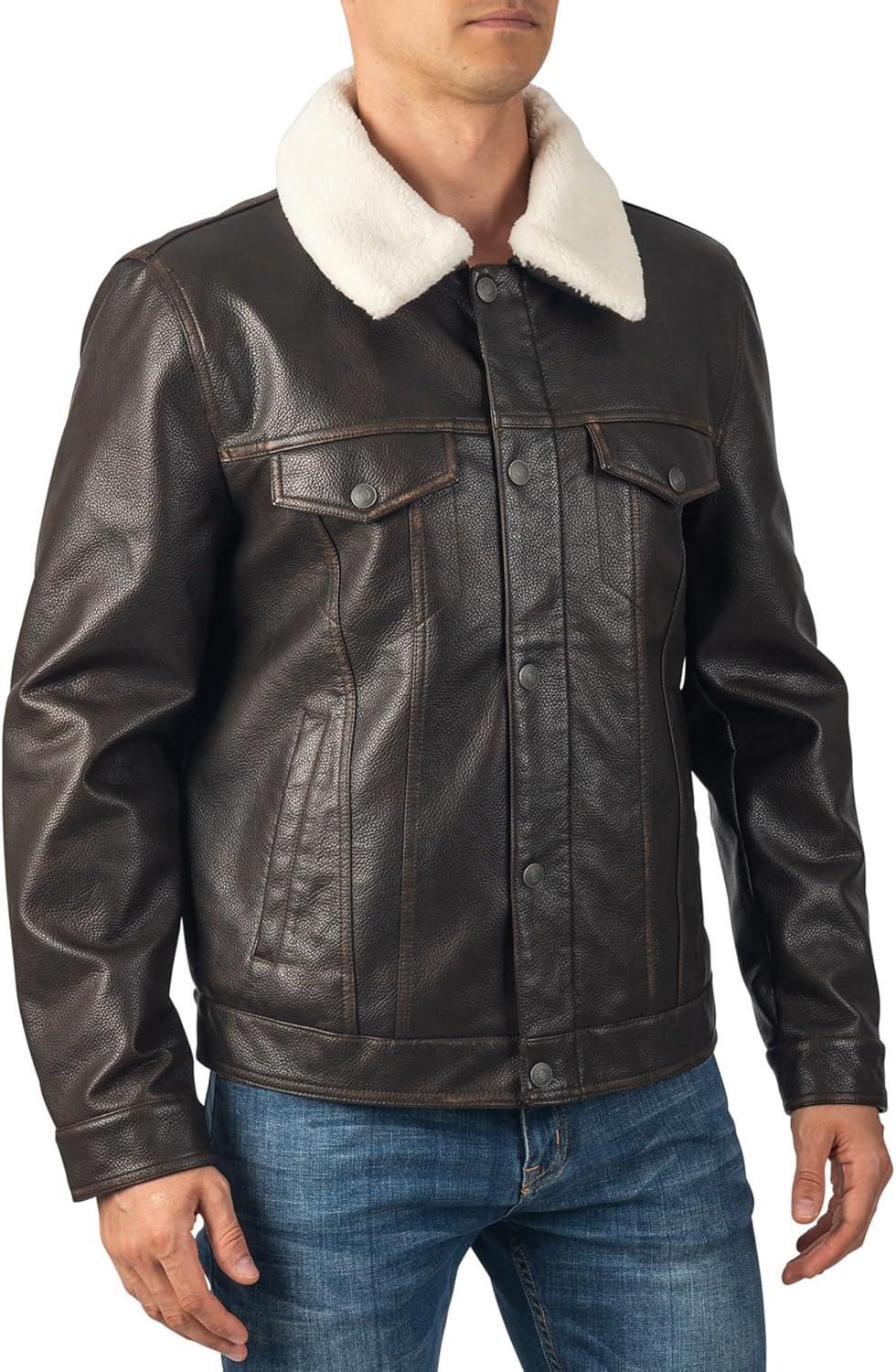Alpine Swiss Aaron Mens Trucker Jacket | Sherpa Lined Faux Leather | Removable Collar | Warm Winter Coat | 5 Pockets