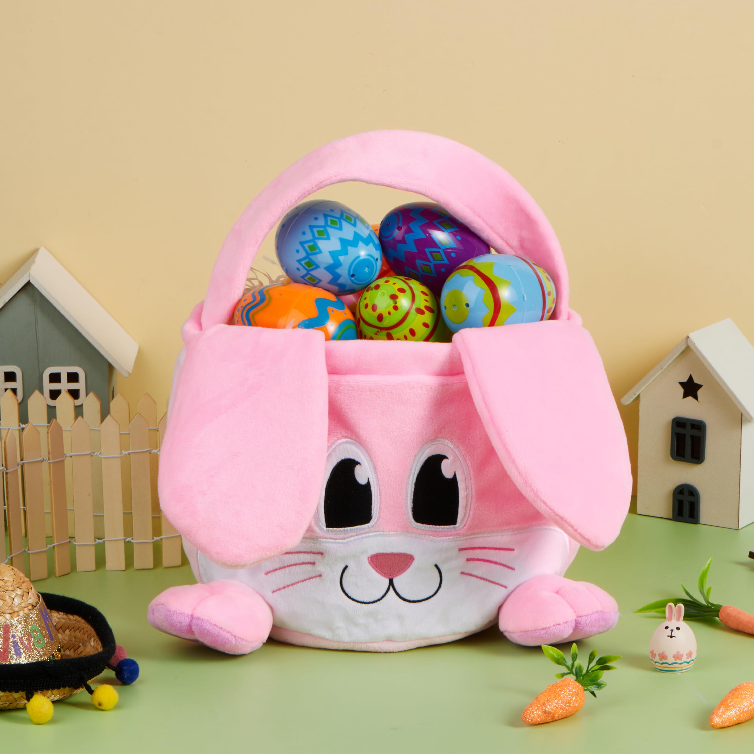 JOYIN Cestino rosa pasquale, 25,4 x 20,3 cm, con orecchie pieghevoli, cestino morbido vuoto con manico, regali di Pasqua per neonati, gioco di caccia alle uova per bambini, sacchetto di caramelle e