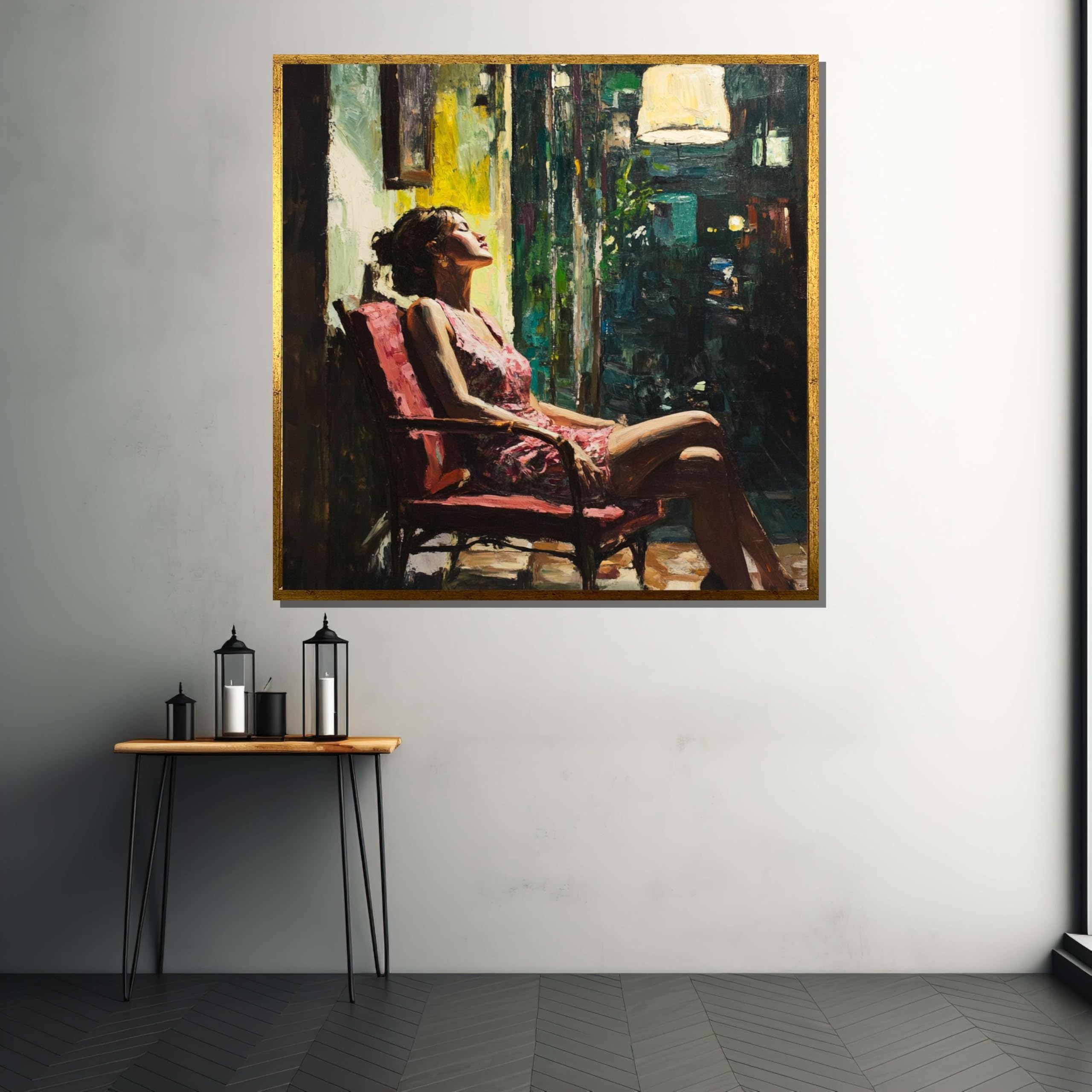 YUSUZHU Relaxed Woman in Chair Painting – Interior Art Pictures Canvas Wall Art Wall Decor, Woman Portrait, Woman Posters Canvas(45x45cm/Frameless)