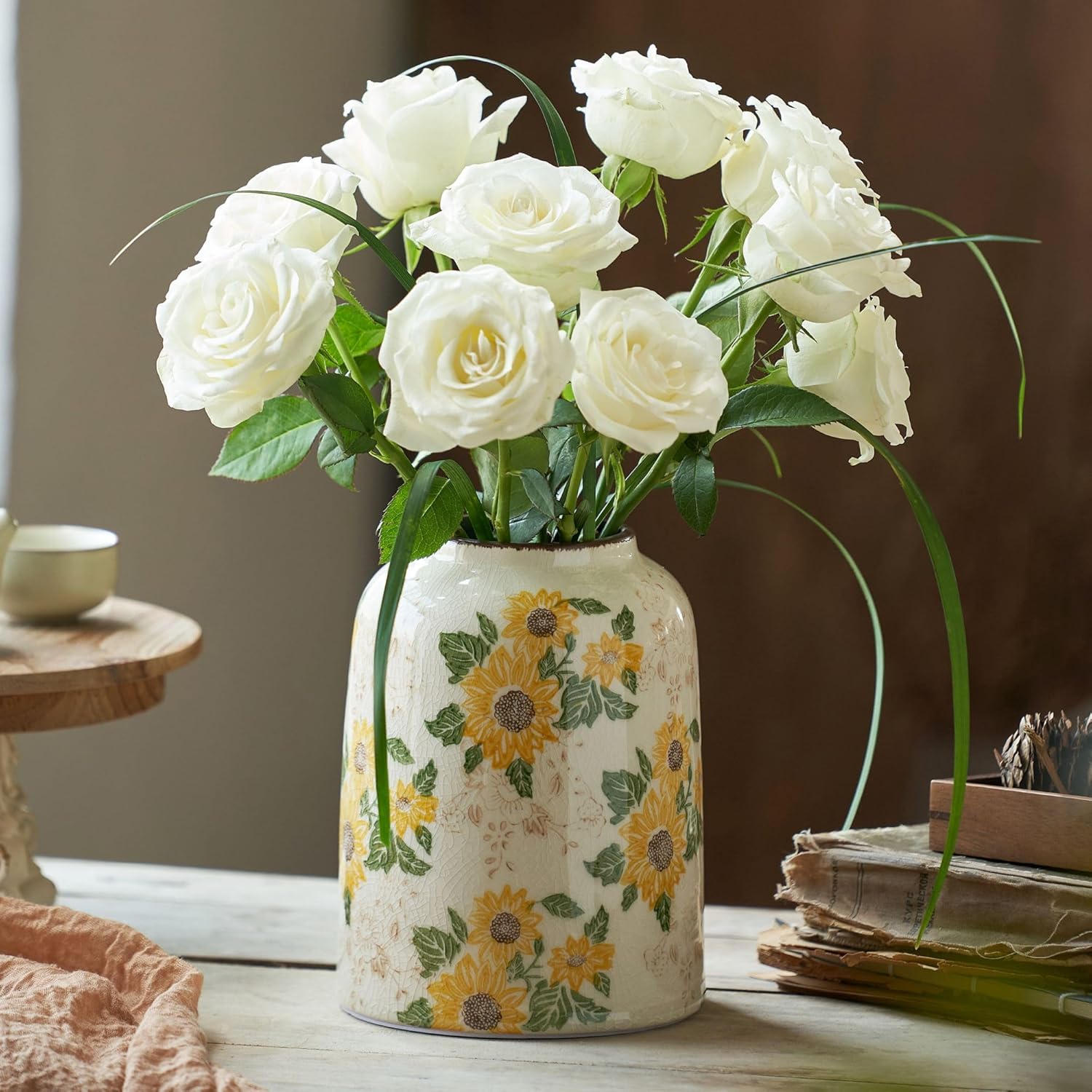 Yellow Sunflower Floral Ceramic Vase, 7.9 Inch Chinoiserie Modern Aesthetic Rustic Large Vases for Centerpieces Dining Table Kitchen Entryway Coffee and Shelf Home Décor