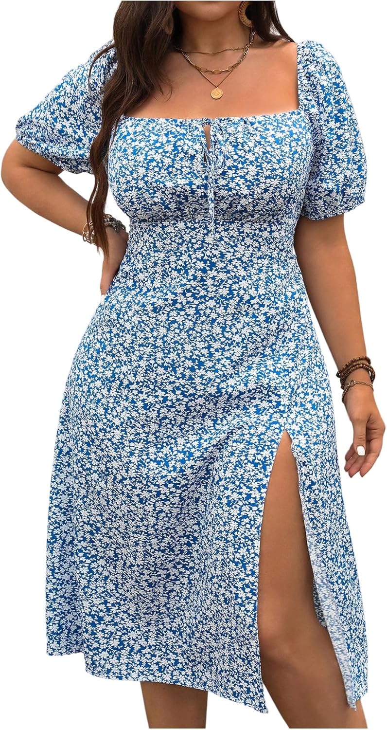 Floerns Women's Plus Size Floral Slit A Line Midi Dress Tie Front Square Neck Puff Sleeve Dresses