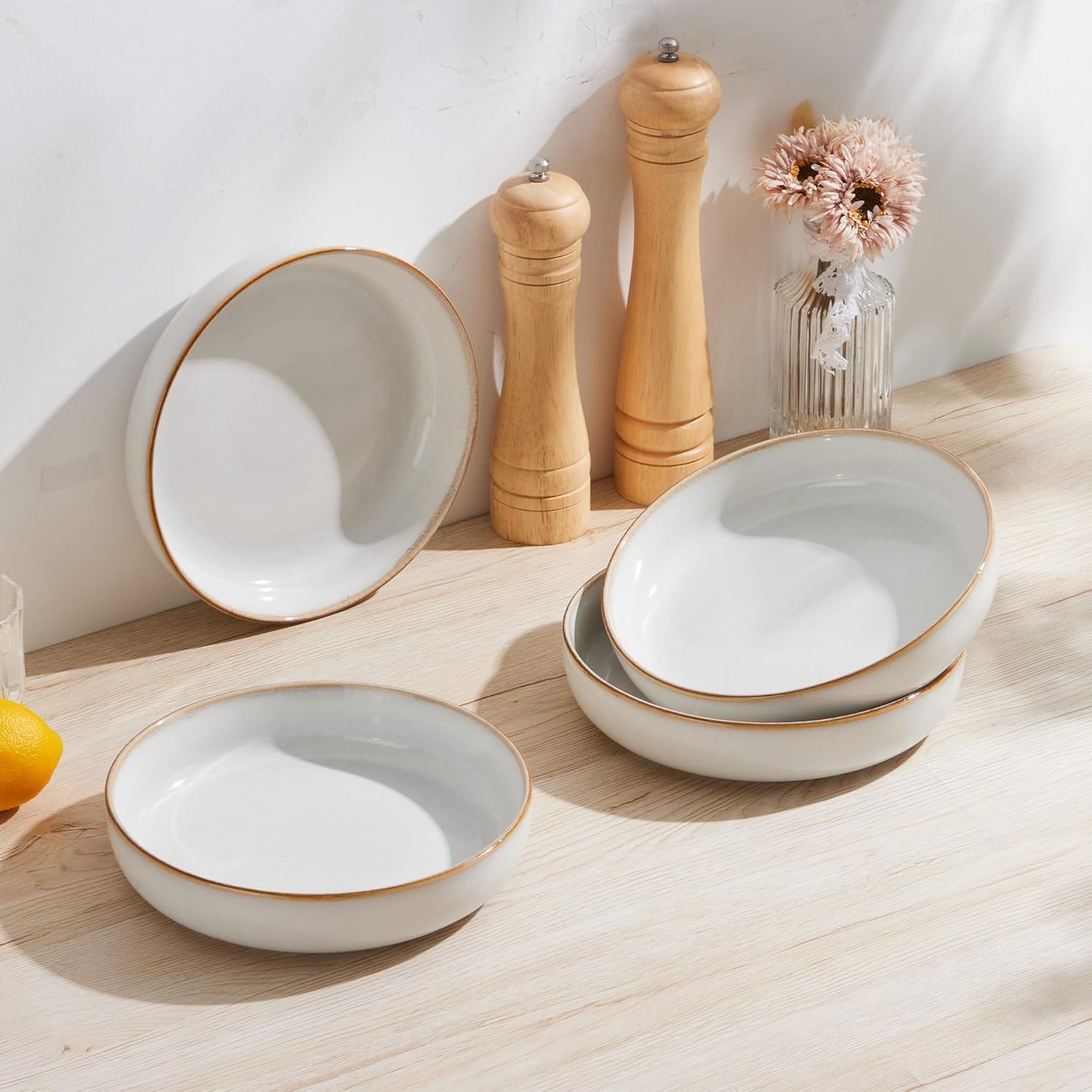 LIANYU Stoneware Pasta Bowls, 35oz Large Salad Pasta Serving Bowl Set of 4, Wide and Shallow Ceramic Plate Bowls for Serving Soup, Dinner, Microwave & Dishwasher Safe, Pearl White