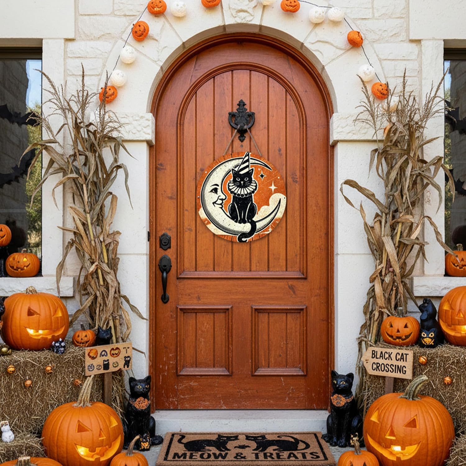 Halloween Cat Decor, Vintage Gothic Black Cat Moon Wall Hanging Decoration, Wooden Welcome Sign for Home Porch Door, Outdoor Indoor Party Supplies（Top Hat） image 3