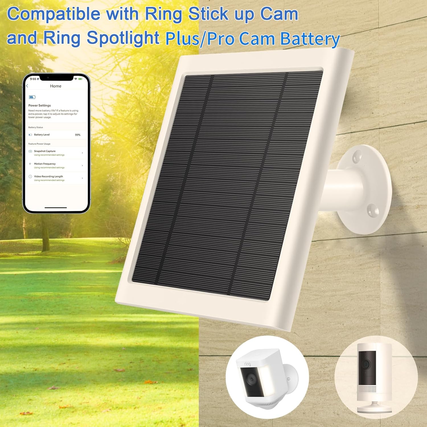 Solar Panel for Ring Camera, Compatible with Rings Spotlight Plus/Pro & All-New Stick Up Outdoor Cam Battery, 10ft Long Cable with USB-C to Ring Barrel Plug Adapter, 6w Fast Charging (2Pack)