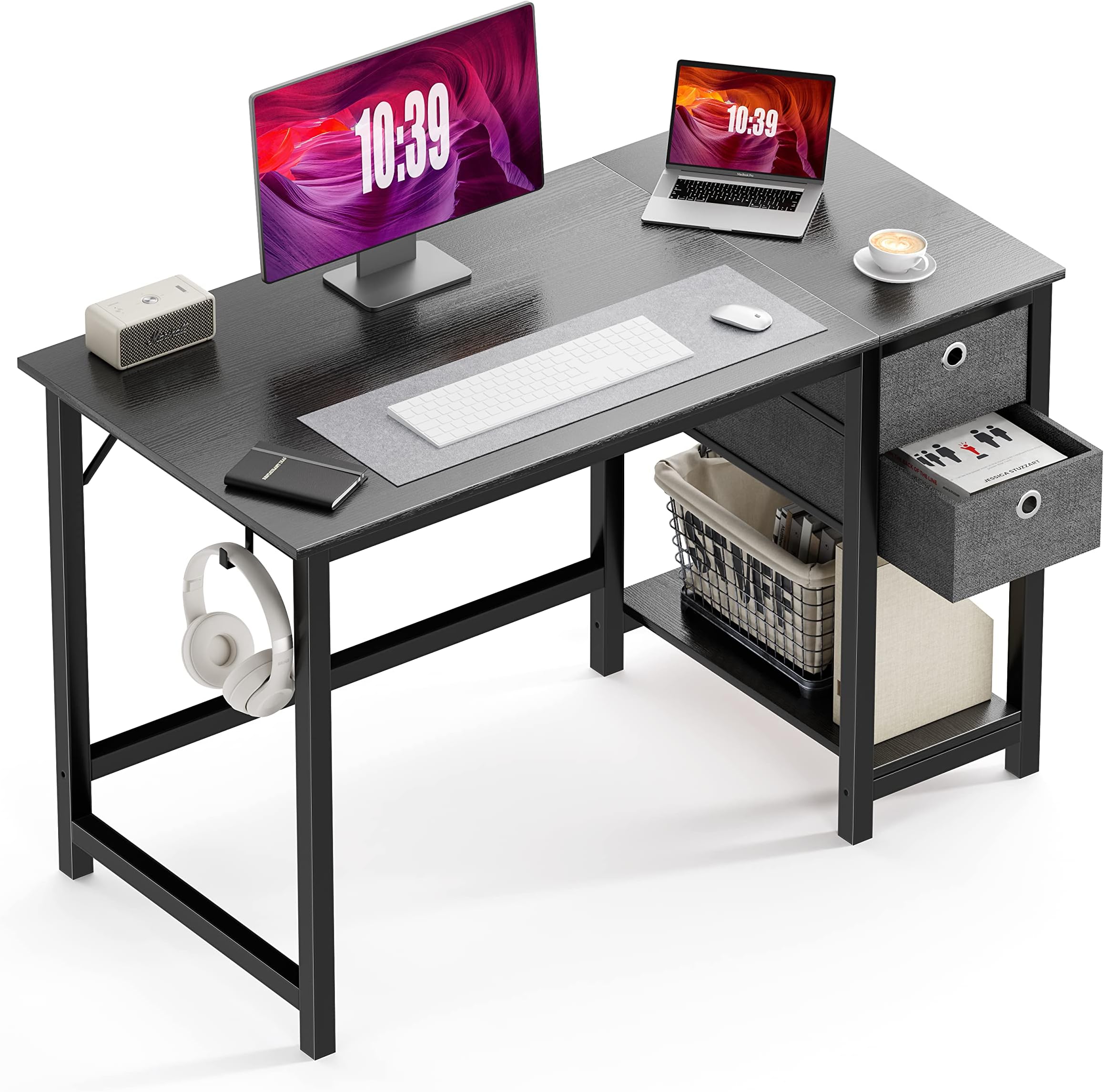 Computer Desk with Drawer Home Office Desks 48 Inch Writing Desk Work Desk PC Table Study Desk with 2 Tiers Drawers Storage Shelf Headphone Hook, Modern Simple Style Laptop Desk for Bedroom, Gaming
