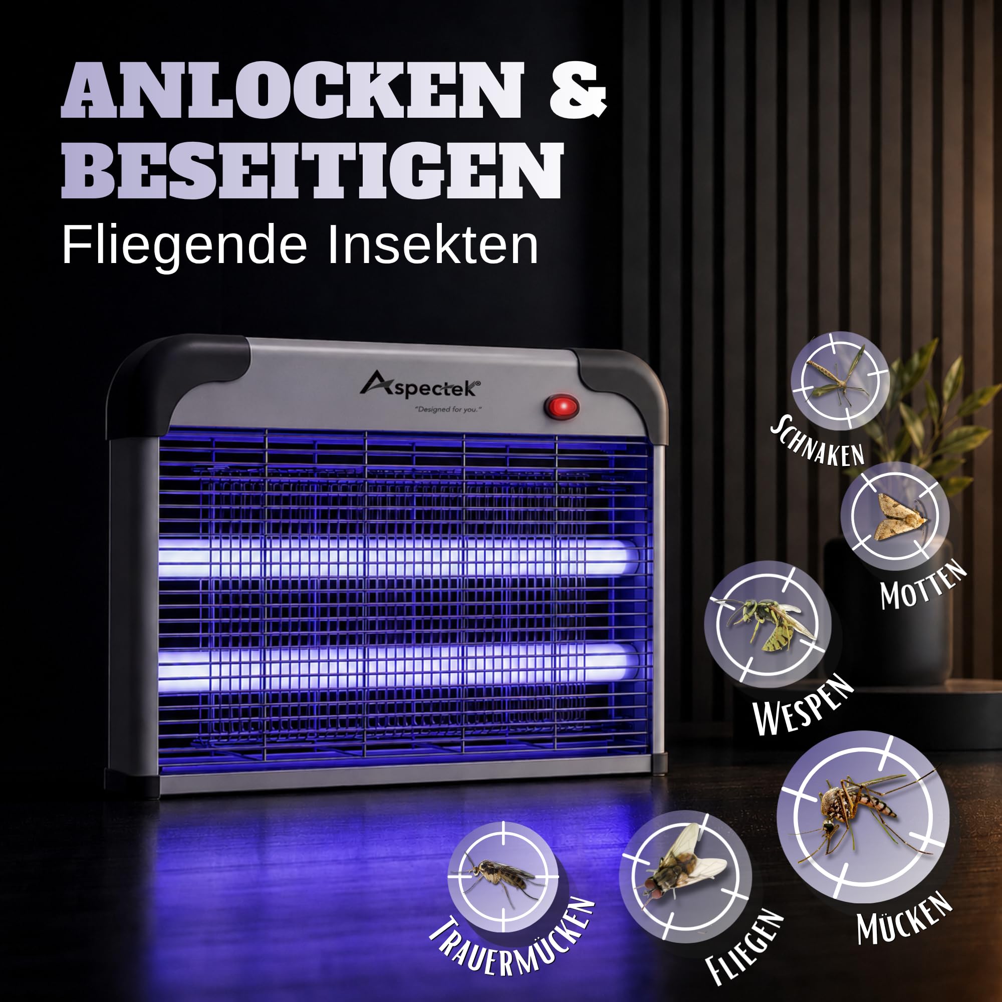 ASPECTEK Elektrischer Insektenvernichter 20W 2800V – UV Mückenfalle & Fliegenfalle für Innen, Insektenlampe gegen Mücken, Fliegen, Gnitzen, Inklusive 2 Ersatz-UV-Röhren
