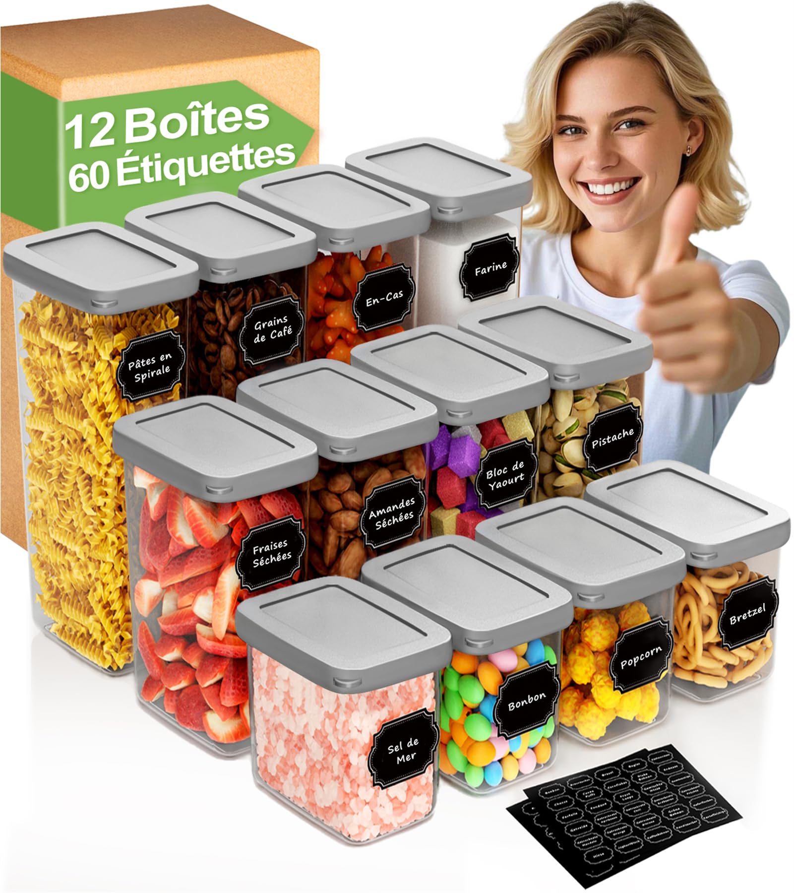 Boite Rangement Cuisine Lot de 12, Boite Hermetique Alimentaire, Boite Conservation Alimentaire en Plastique avec couvercles pour Céréales, Farine et Aliments Secs