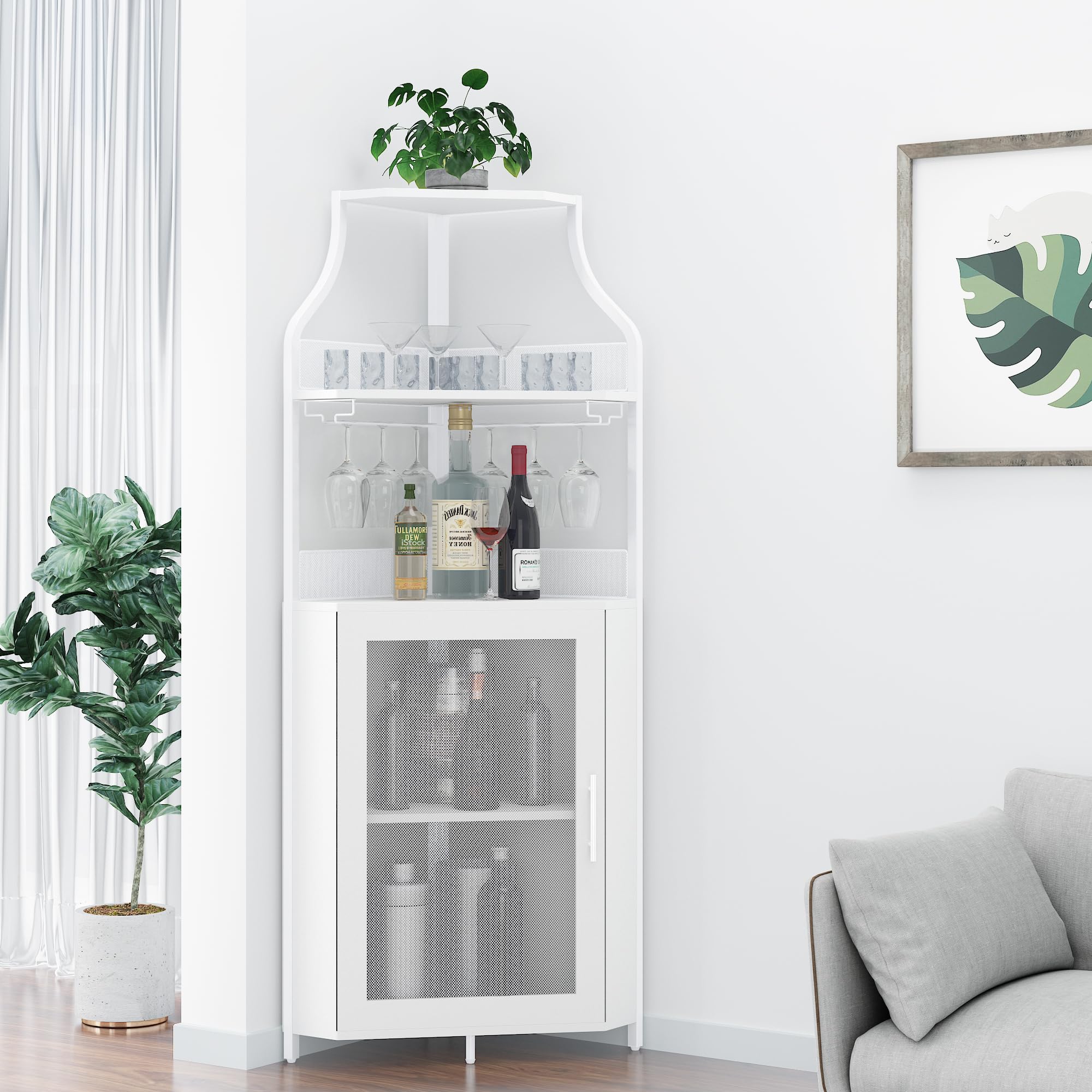 GarveeHome Corner Wine Cabinet with Detachable Wine Rack, 5-Tier Industrial Corner Bar Cabinet with Barn Door and Glass Holder, Farmhouse Buffet Cabinet and Home Bar, White