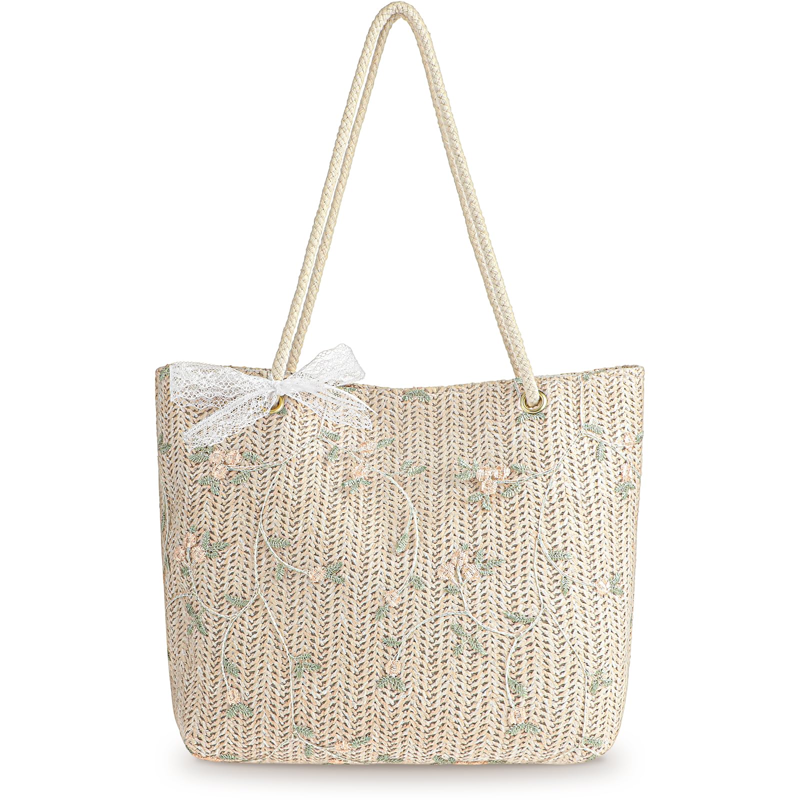 GEEHUA Bolsa de playa de paja para mujer, bolso de mano tejido de encaje estampado de vacaciones de verano con hebilla magnética