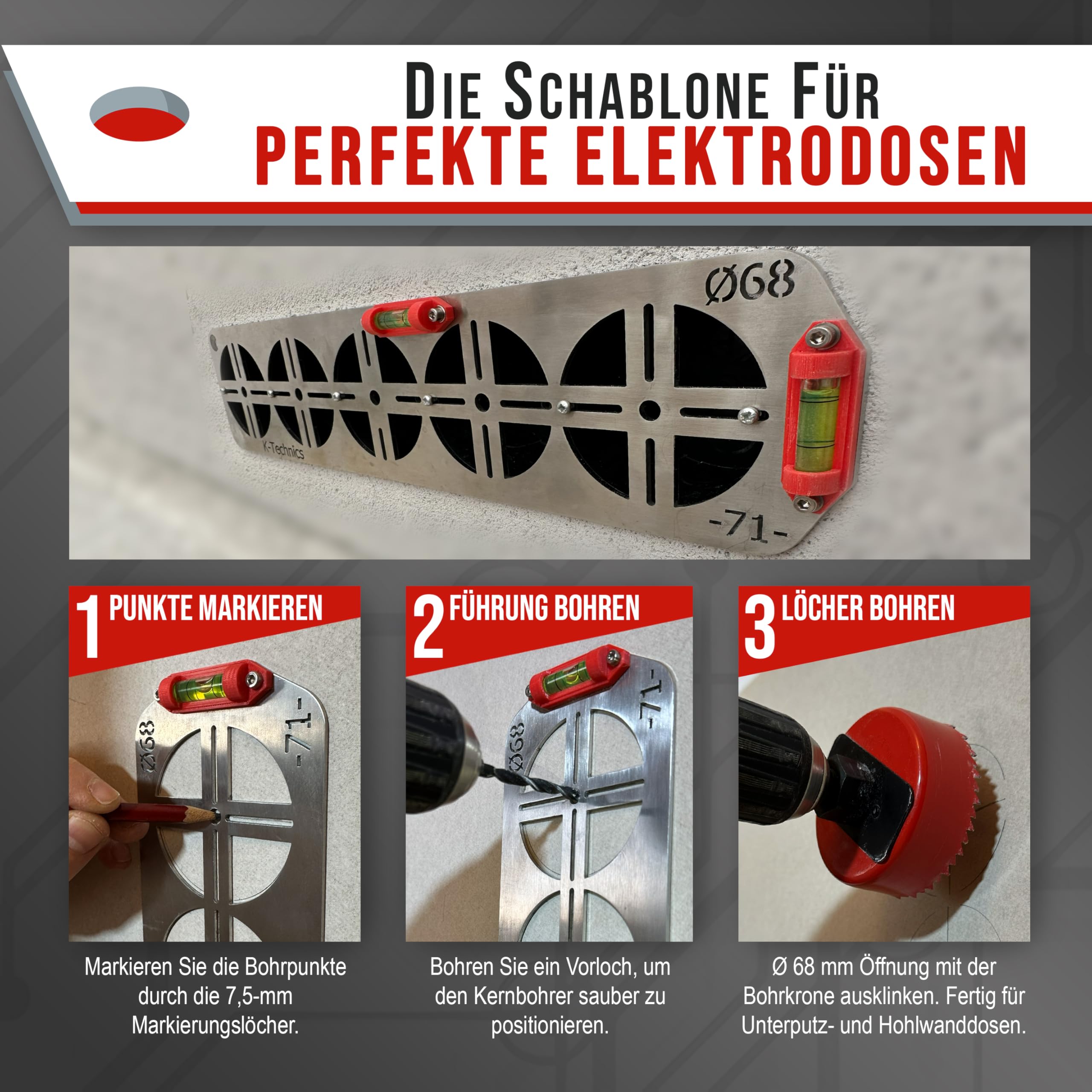 K-Technics K5 Edelstahl Bohrschablone Steckdosen, Steckdosen Schablone mit Elektriker Wasserwaage, Geeignet für Hohlraumdosen und Unterputz im Trockenbau, 4 x 71 mm Rastermaß, 7,5 mm Markierungslöcher