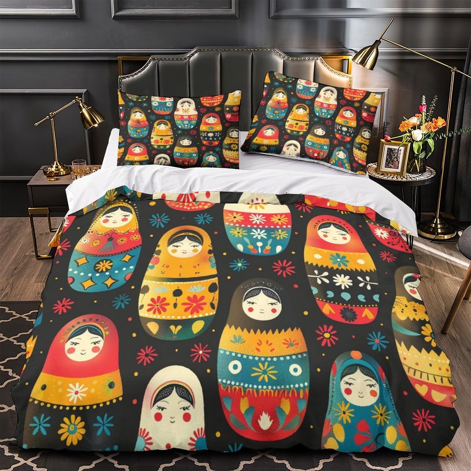 Matryoshka Dolls Quilt Cover 3D Print Easy Care 3PCs Bed Linen Hidden Zipper Russian Folk Comforter Cover Super Soft Anti-allergic for Adults Teens Women Kids Girls Boys Youth Double（200x200cm）