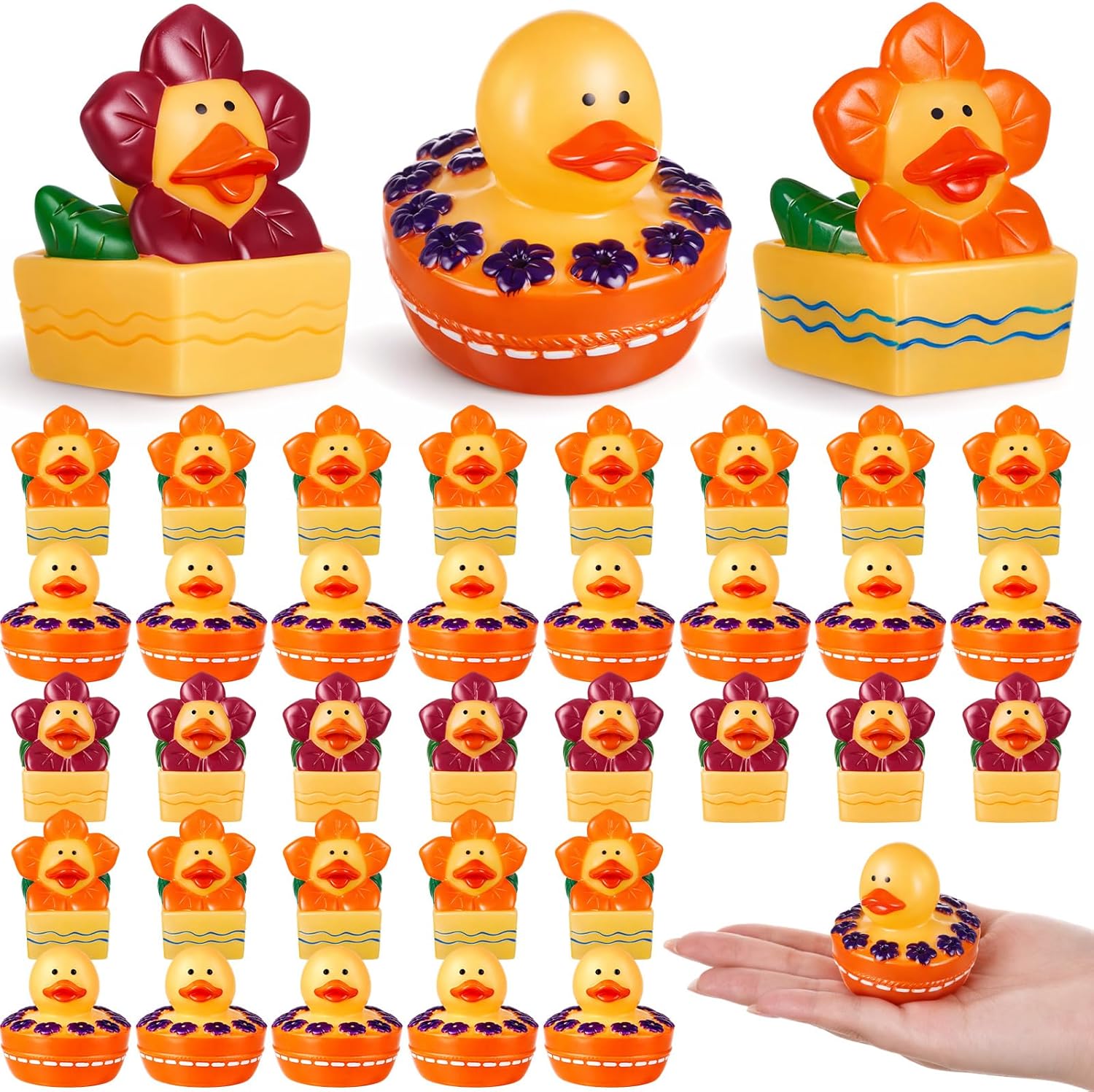 DEEKIN 48 Pcs Floral Rubber Ducks Bulk 2 Inches Spring Flower Party Favors Rubber Ducks Potted Flower Design for Gardening Picnic Dashboard Party Table Decorations Easter Baskets Gift Filling