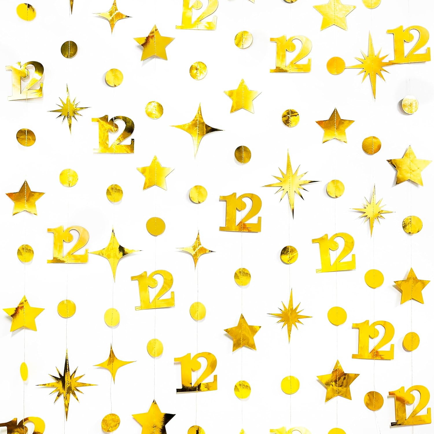 Gold 12th Birthday Decorations Number 12 Circle Dot Star Garland Metallic Hanging Streamer Banner Backdrop for Girls Boys Cheers to 12 Years Old Birthday Happy 12th Anniversary Party Supplies image 4