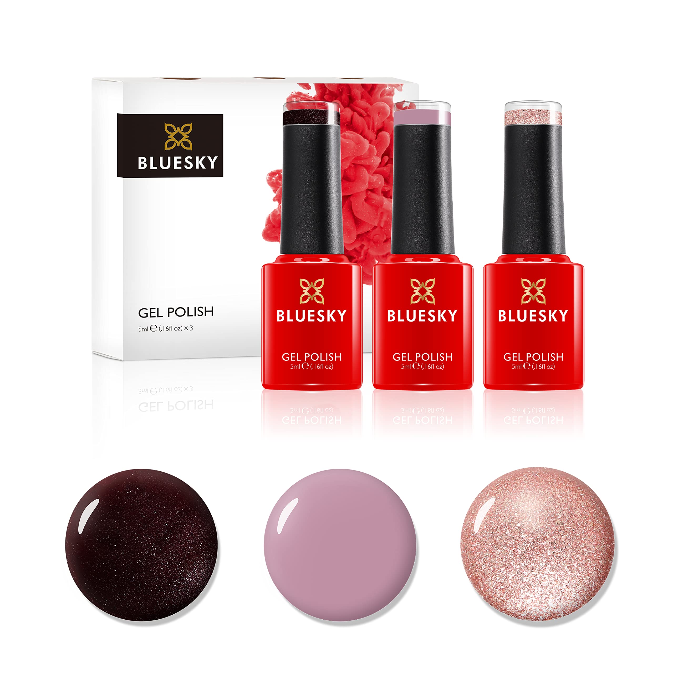 Bluesky Gel Polish, Gel Nagellack Set, Winter Pinks. Dark Burgundy A007, Musk Pink A044, You're A Gem Platinum 20. 3 x 5 ml Rosa, Rot, Glitzer, Nude