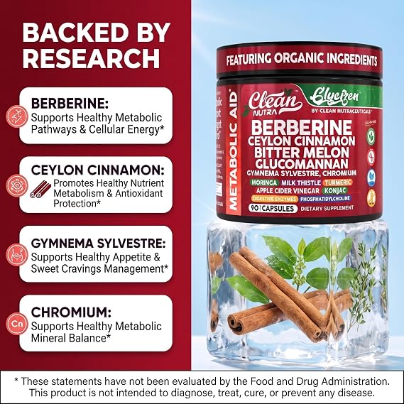 Clean Nutra Berberine and Ceylon Cinnamon Supplement Bitter Melon Glucomannan Gymnema Sylvestre Chromium Moringa Milk Thistle Turmeric Apple Cider Vinegar Digestive Enzymes Inositol Pills 90 Capsules