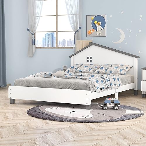 P PURLOVE Cama de plataforma matrimonial con cabecera en forma de casa para niños, marco de cama de plataforma de madera de tamaño individual con