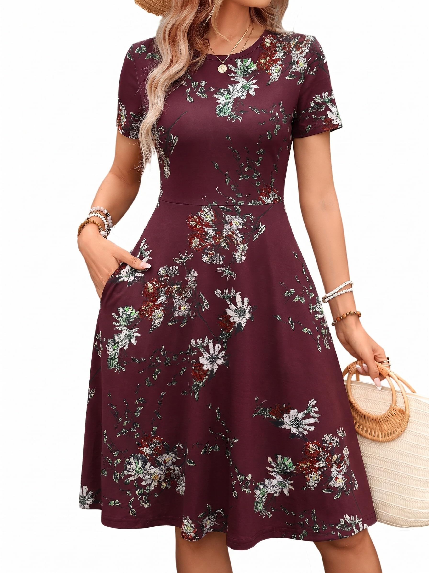 Women's 2026 Fit and Flare Dress Summer Casual Elegant Vintage Floral Printed Work Party A-line Dress with Pockets 162