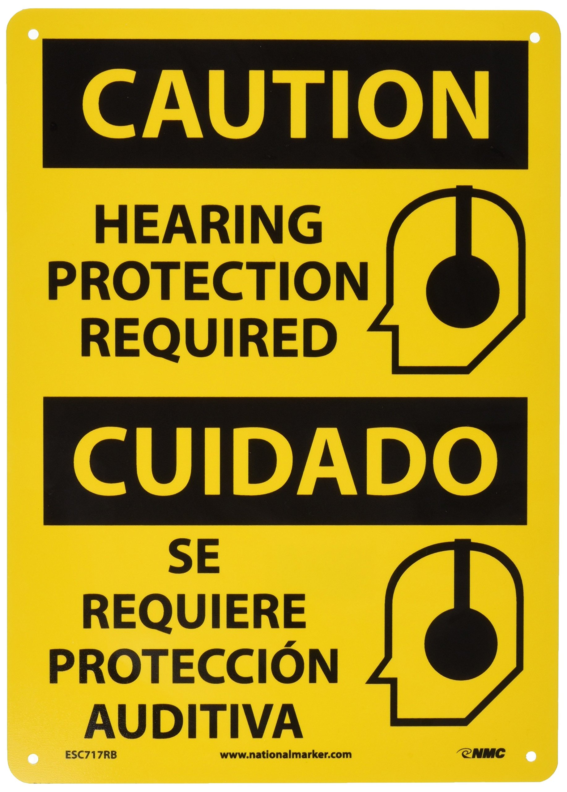 NMC ESC717RB Bilingual OSHA Sign, Legend "CAUTION - HEARING PROTECTION REQUIRED" with Graphic, 10" Length x 14" Height, Rigid Plastic, Black On Yellow