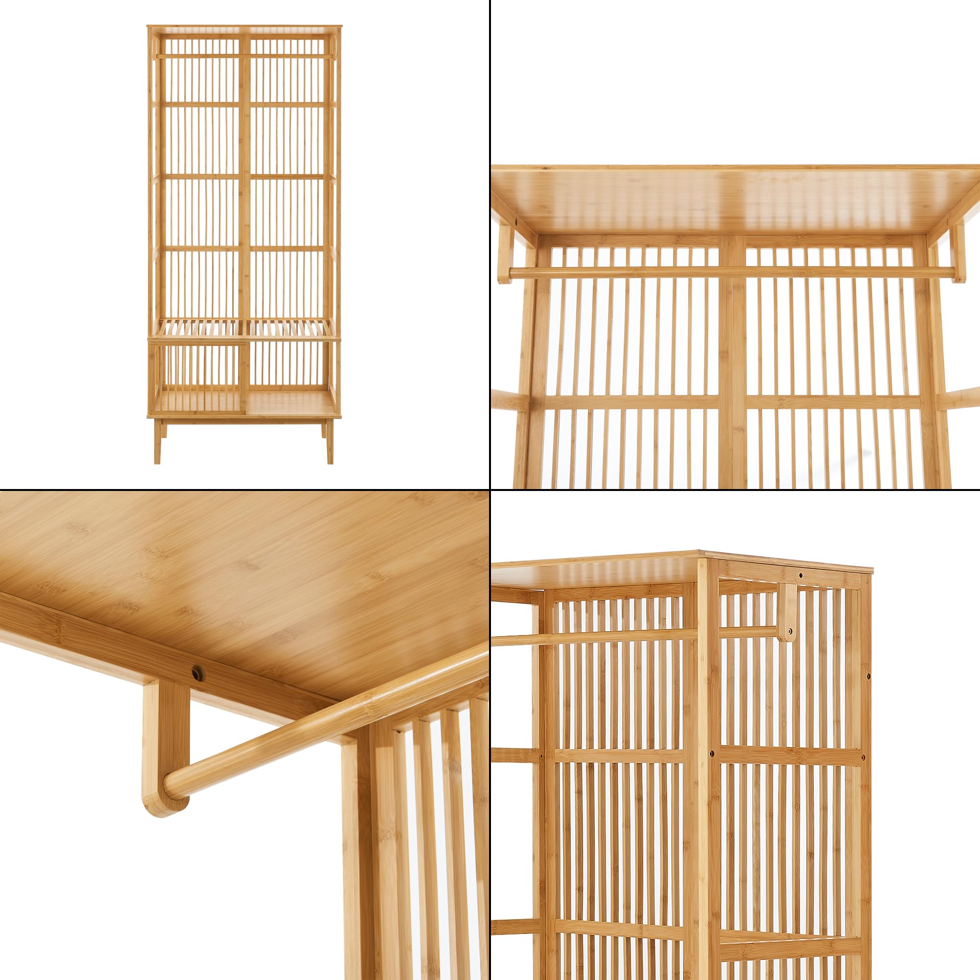 [en.casa] Juego de Guardarropa - 1x Perchero Burro + 1x Estantería de Pie para Dormitorio Recibidor Oficina Ventilación Óptima Alta Visibilidad Elegante Bambú 185 x 160 x 45 cm - Color Natural