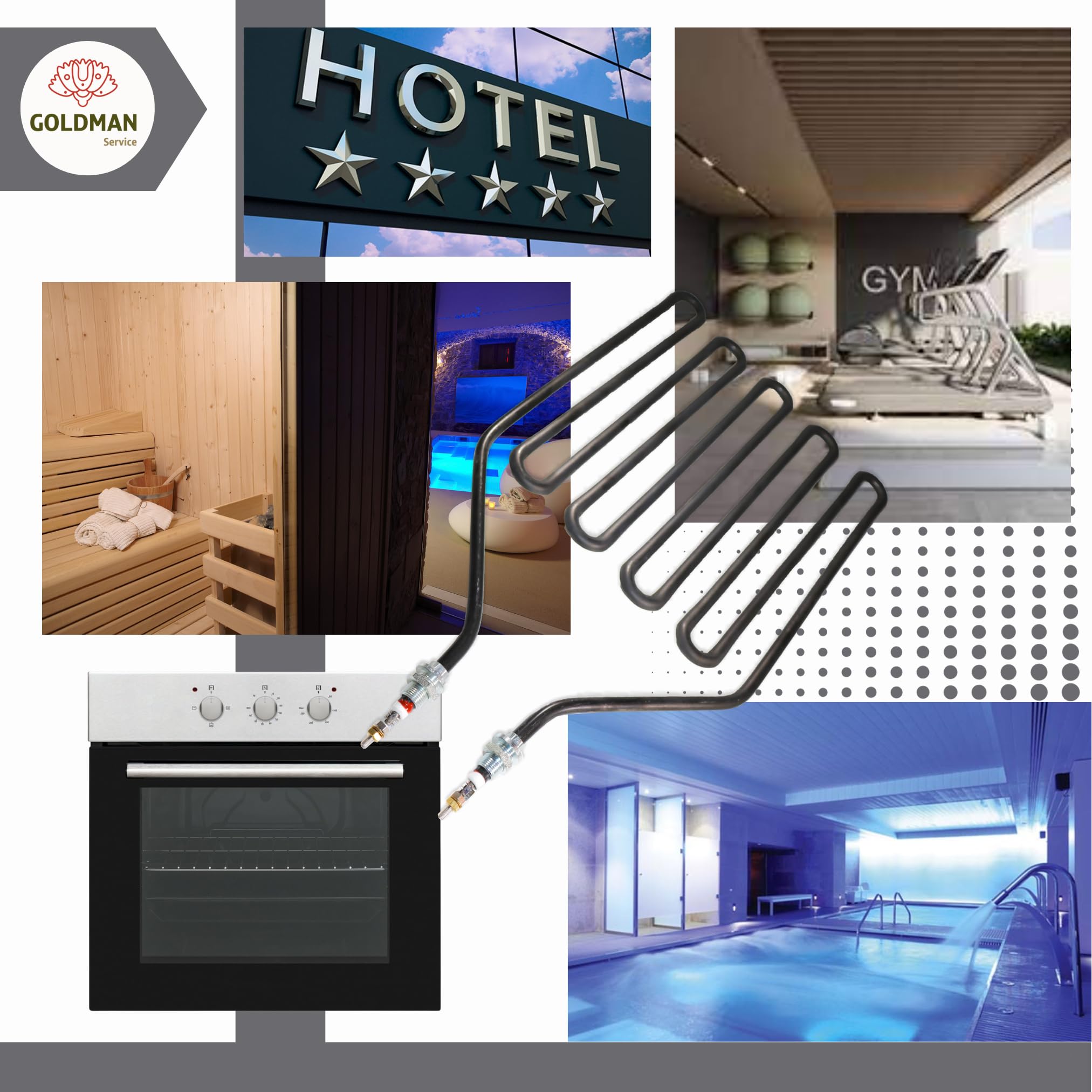 GOLDMAN SERVICE Resistencia para Estufa de Sauna - Alta Potencia 2000W - Recambio Compatible para Horno Calefactor de Sauna Finlandesa, Spaa, Clubs, Hotel. Medida: 375 x 224 milímetros