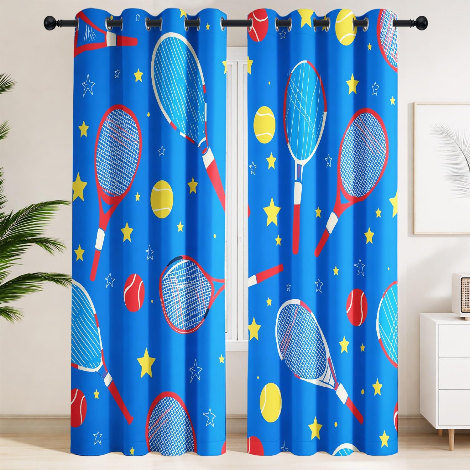 Générique Zasłony zaciemniające rakieta, tenis i gwiazdki, 150 x 200 cm, ochrona przed zimnem i ciepłem, zestaw 2 zasłon w dynamicznym stylu, sportowy, do pokoju młodzieżowego