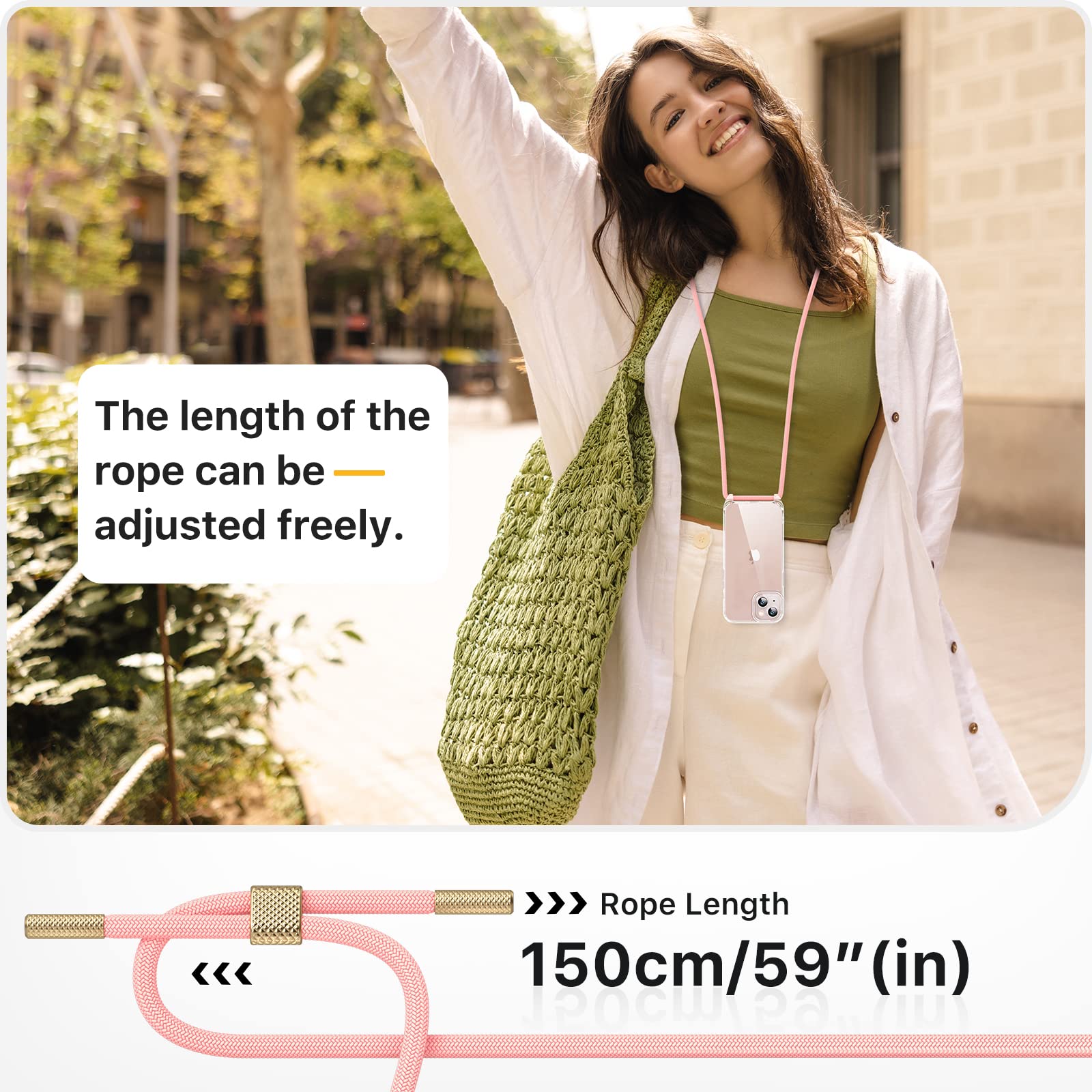 GOODVISH Cover Trasparente con Cordino per iPhone 13 6.1'', con 2 Pezzi di Pellicola Protettiva, Custodia con Regolabile Laccio Tracolla, [Antiurto] [AntiGraffio] Case con Collana, Rosa - Vista 7