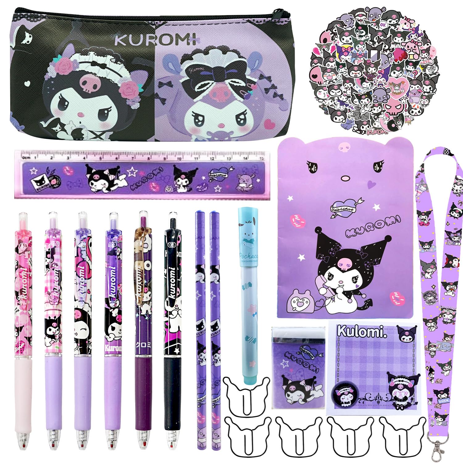kawaii Juego de Suministros Escolares, incluye Notas Adhesivas, Estuche Lápices, Clips Papel, Pegatinas, Lápiz, Regla, Cordón, Bolígrafo Fluorescente, Notas Adhesivas, para Niñas y Niños