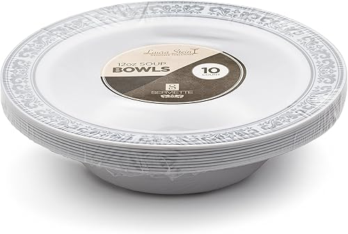 Miniatura 10 de Laura Stein - 40 platos de 9 pulgadas, vajilla blanca de plástico pesado de alta calidad con borde plateado, plato de fiesta y boda, serie