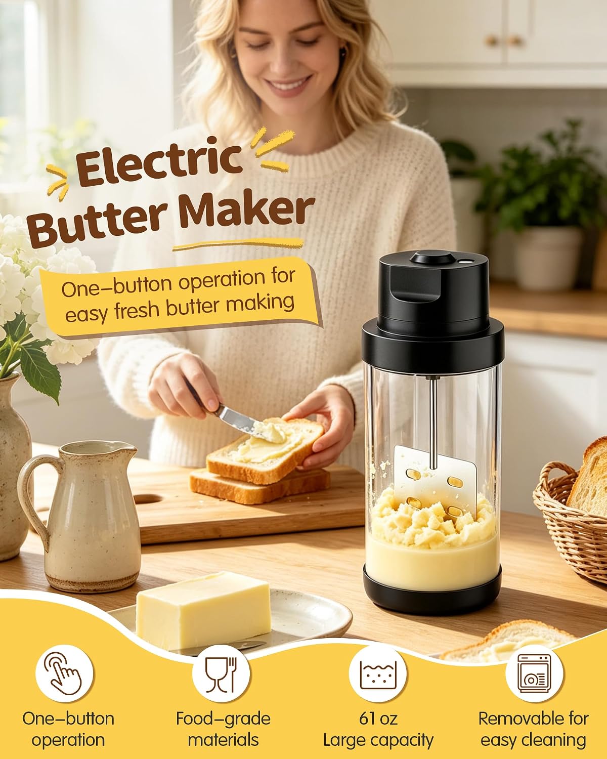 Electric Butter Churn, One-Touch Butter Maker in 10 Min with 61oz Glass Jar