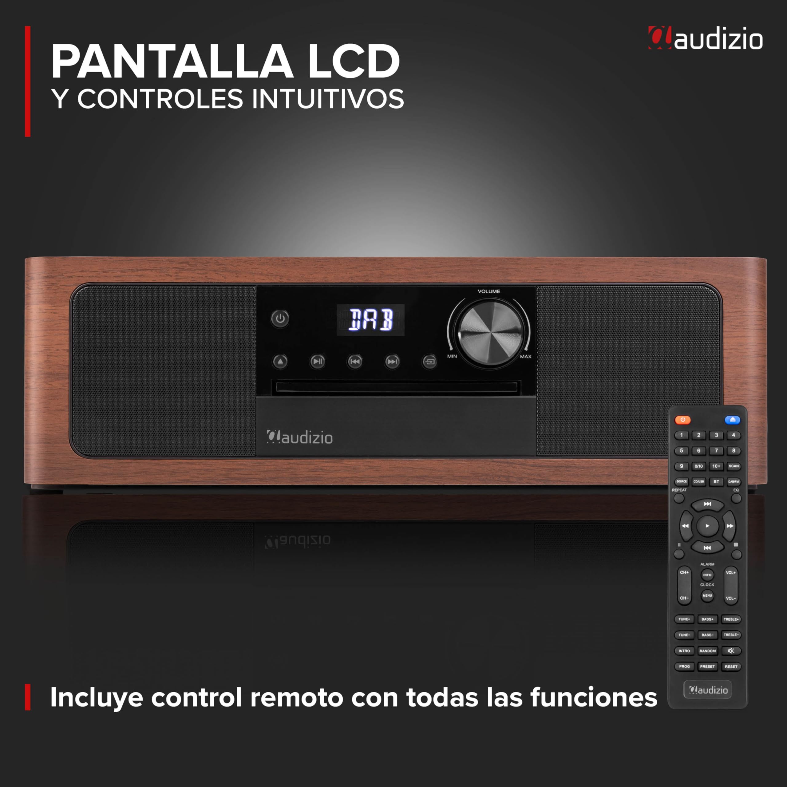 Audizio Lunata – Radio Dab+ y FM con Reproductor de CD, Bluetooth 5.3 y Potencia de 100W, Sistema Multimedia con HDMI ARC, USB y Altavoces estéreo, Acabado en Madera Oscura