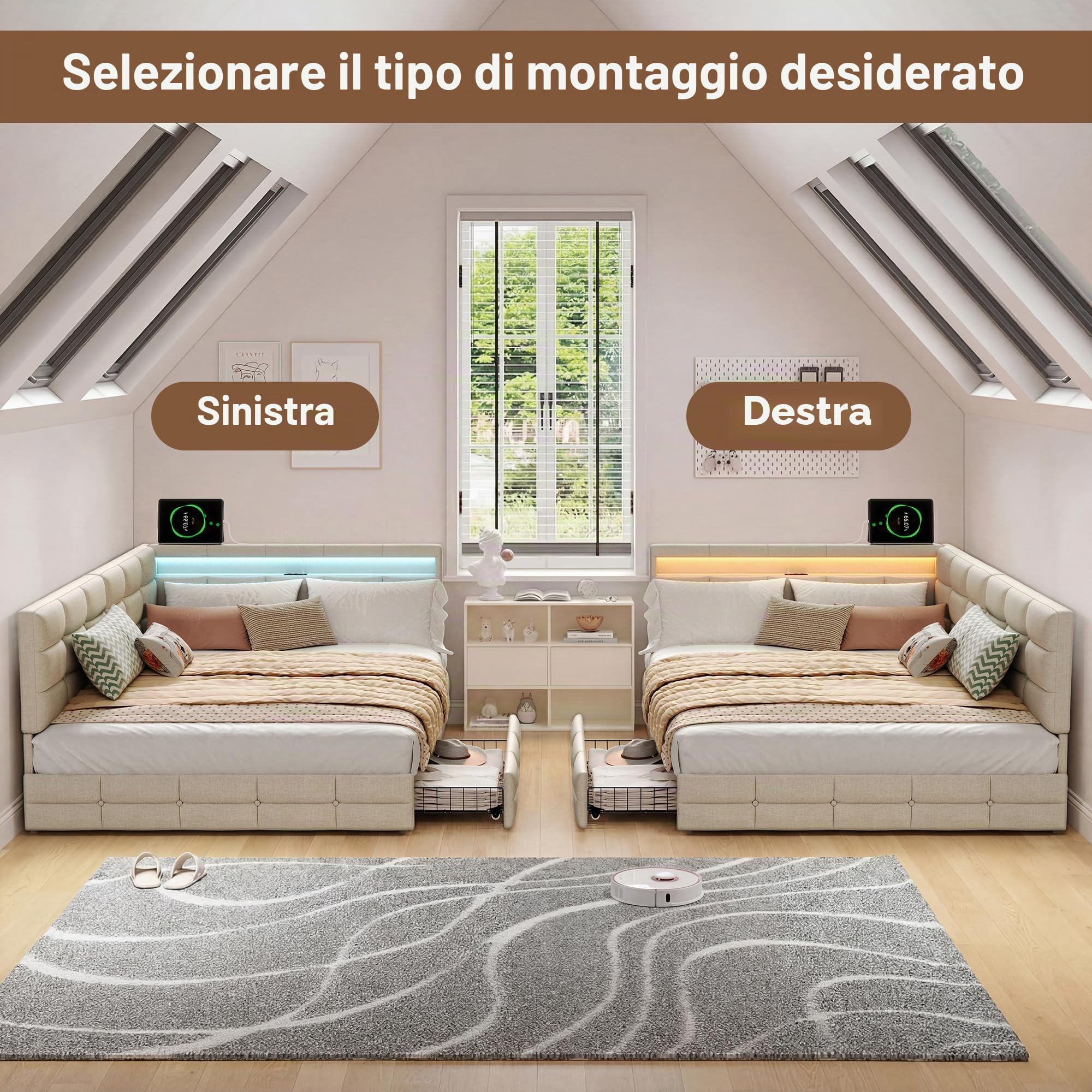 Letto angolare Divano Letto 140 x 200 con 2 cassetti, LED, presa USB, letto panca con testa reversibile e rete a doghe per soggiorno/studio/camera da letto, tessuto lino, senza materasso